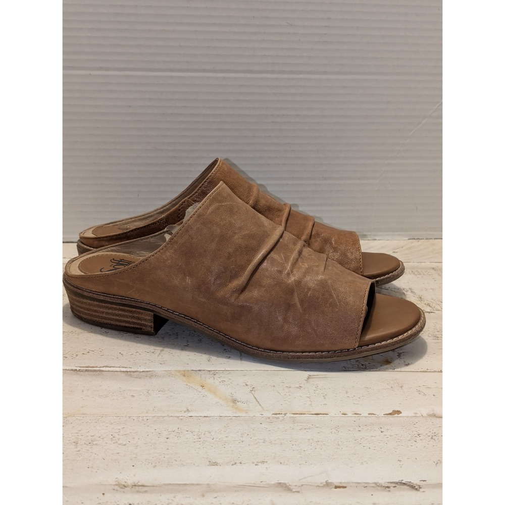 Sofft Netta Slide SandaL Tan Leather Ruched Upper Wommen's Sz 10M